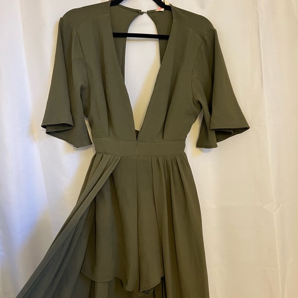Olive Green Romper with Long Cape Skirt - Picture 4 of 8